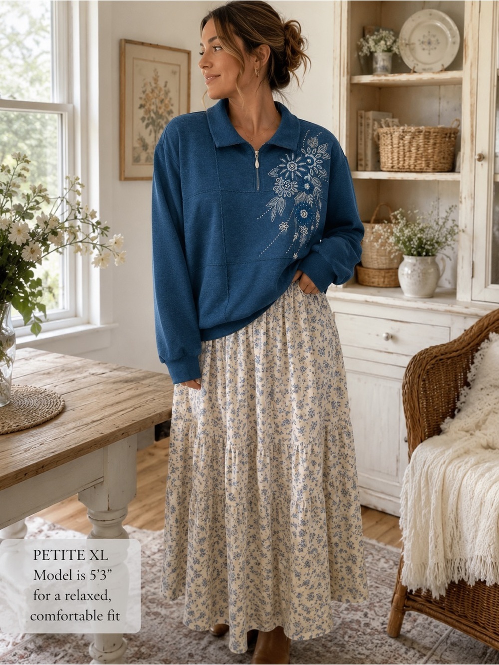 Vintage Alfred Dunner Blue Embroidered Pullover with Cream Floral Maxi Skirt